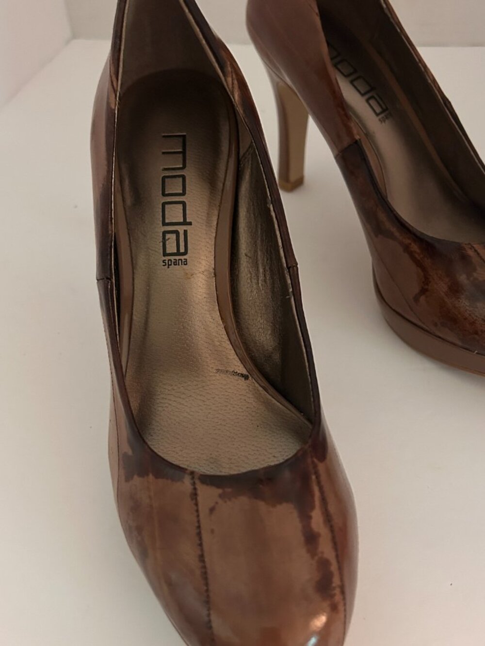 Moda Spana Brown Marbled Patent Leather Pumps Heels Size 6.5N